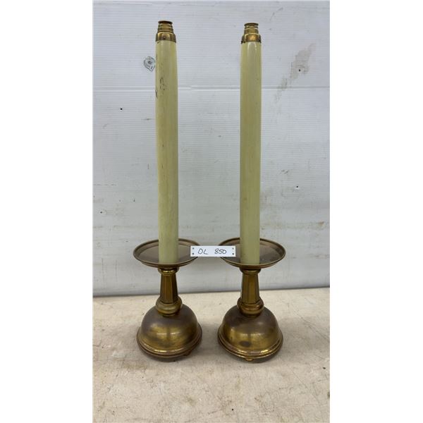 Pair of Church Brass Candlesticks with Spring-Loaded Cylinder for Candles, 30” Tall