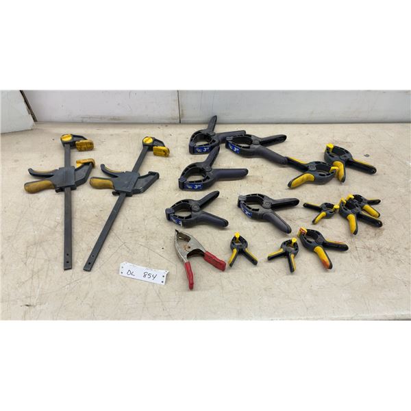 Assorted Clamps: 2 Bar Clamps, 3” Spring Clamps, Metal Clamp and Small Spring Clamps