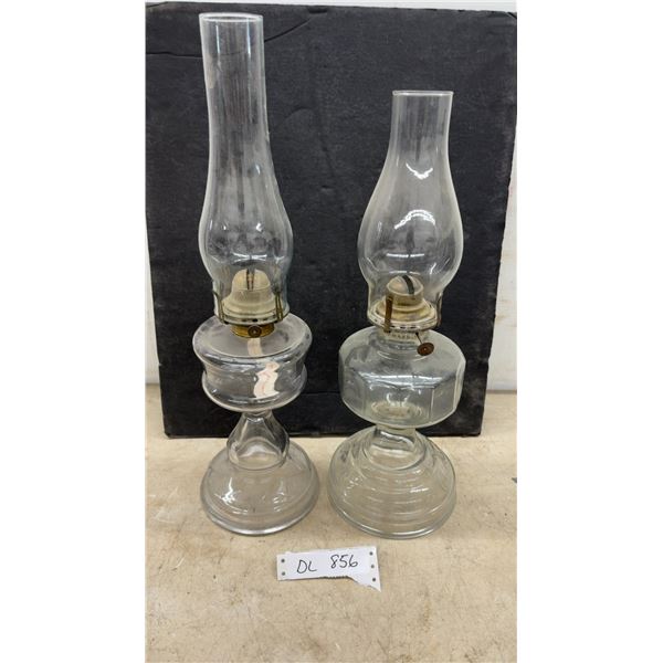 Pair of Vintage Clear Pressed Glass Kerosene Lamps with Brass Burners and Glass Chimneys, Tallest