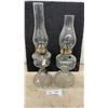 Image 1 : Pair of Vintage Clear Pressed Glass Kerosene Lamps with Brass Burners and Glass Chimneys, Tallest