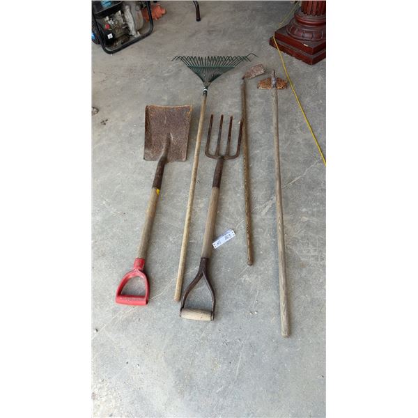 Scoop Shovel, Four-Tine Digging Fork, Leaf Rake, and Two Hoes with Wooden Handles
