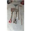 Image 1 : Scoop Shovel, Four-Tine Digging Fork, Leaf Rake, and Two Hoes with Wooden Handles