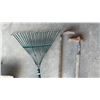 Image 4 : Scoop Shovel, Four-Tine Digging Fork, Leaf Rake, and Two Hoes with Wooden Handles