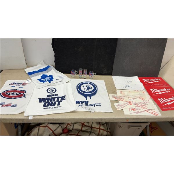 NHL Winnipeg Jets, Maple Leafs, Canadiens, Memorabilia Towels, Shot Glasses and Milwaukee Tool