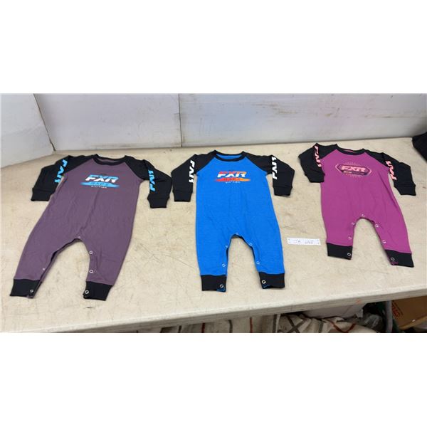 New FXR Racing Infant Onesies in Purple, Blue, and Magenta, Quantity 3