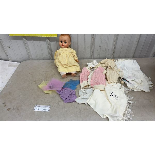 Large (19” Tall) Antique Doll With Closing Eyelids and Large Variety of Doll Clothing