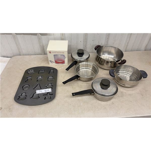 Assorted Cooking Pots with Lids, Acrylic Ice Bucket, and Wonka Christmas Mould Tray