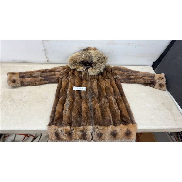 Vintage Fur Jacket with Hood, Sz S-M. Lining is worn / Torn
