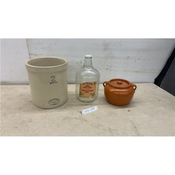 Medalta Potteries 2 Imperial Gallon Stoneware Crock, Cider Jug, and Stoneware Bean Pot