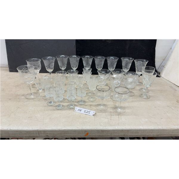 Mixed Lot of Vintage Clear Glass Stemware with Floral Etched and Geometric Designs