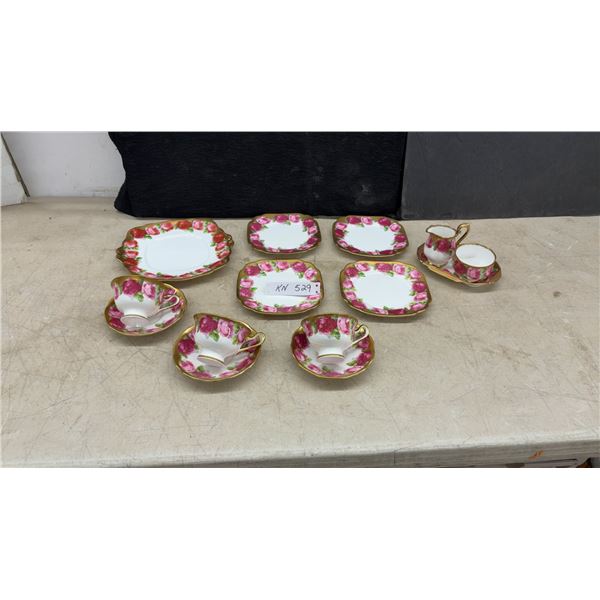 Royal Albert Old English Rose Crown China Tea Set with Plates, Cups, Saucers, Creamer, Sugar Bowl