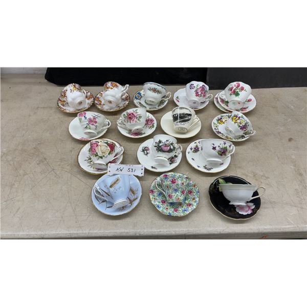 Vintage English Bone China Teacups and Saucers Including Royal Winton, Royal Albert, Staffordshire