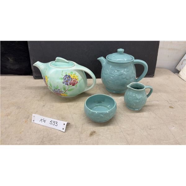 Radford England Hand-Painted Floral Teapot and Turquoise Embossed Floral Tea Set, 3 Pieces