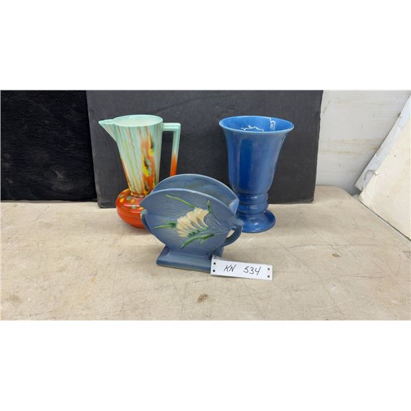Roseville Pottery Blue Vase and More, Three Pieces