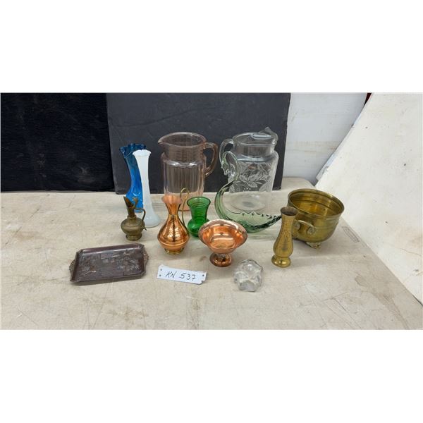 Assorted Vases, Pitchers, and Bowls, including Copper, Brass, and Glassware