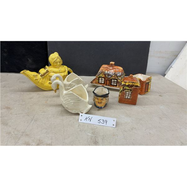 Lingard  Old Woman in a Shoe  Teapot, 2 Hand Painted Swans with 22 KT Gold Trim and 3 Pieces