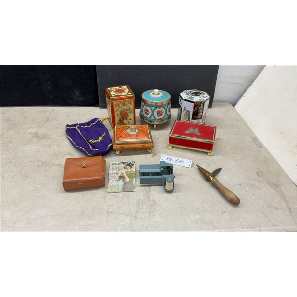 Vintage Decorative Tins, Minerva Chocolates Butterfly Box, Crown Royal Bag, Sewing Tool