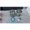 Image 3 : Vintage Decorative Tins, Minerva Chocolates Butterfly Box, Crown Royal Bag, Sewing Tool