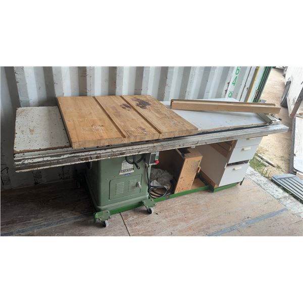 General Mfg. Co. Ltd. Model 350 Table Saw, 3 Wood Slabs, and Storage Cabinet on Platform with