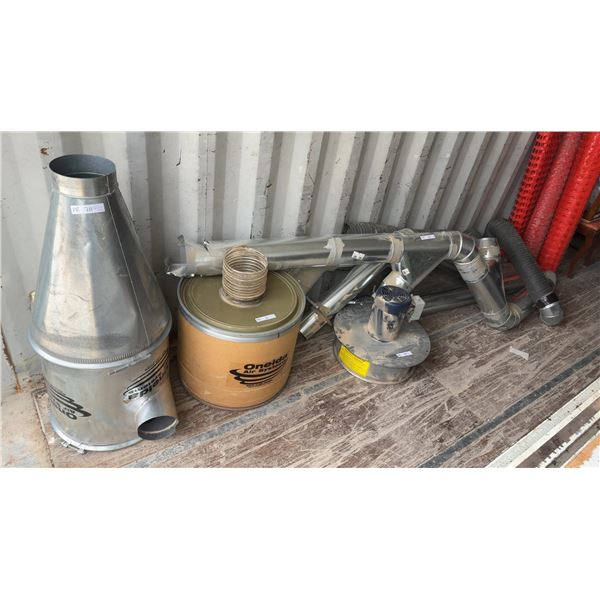 Oneida Air Systems Dust Collection Cyclone, Filter, and pallet full of Ducting