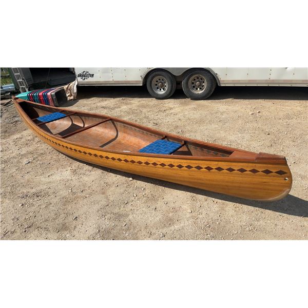 17ft Cedar Canoe with Two Woven Blue Seats (Has a Hole in it)
