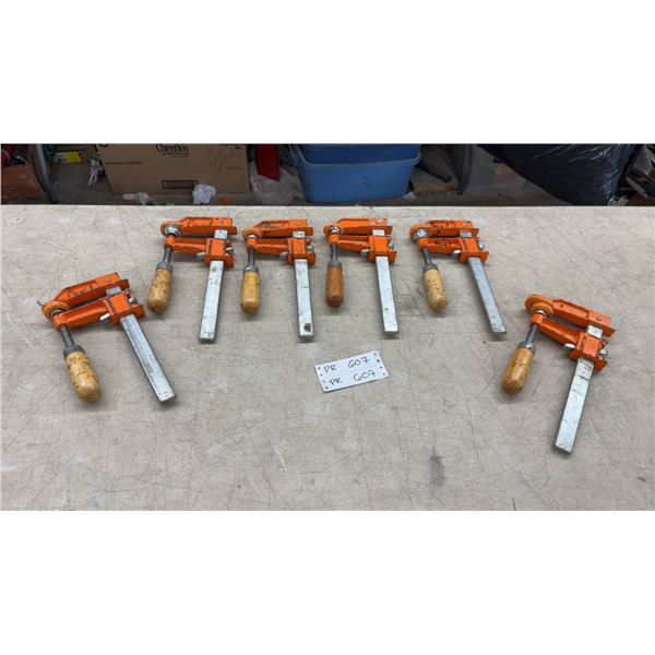 6 Orange and Silver Bar Clamps with Wood Handles