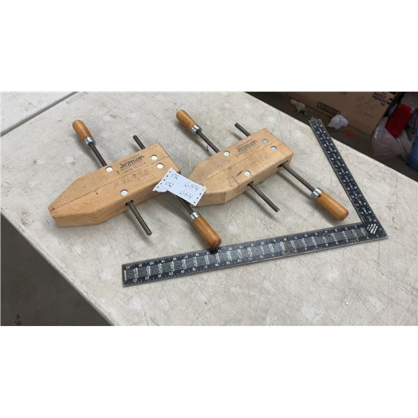 Jorgensen 2” Reg US Pat Off Wood Clamps 2, and 24” x 16” Steel Square
