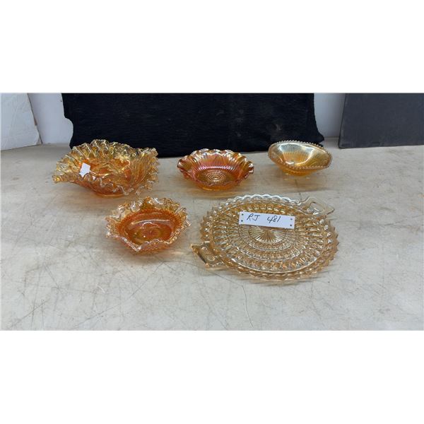 Five Pieces Marigold Iridescent Carnival Glass, Ruffled Bowls, Bonbon