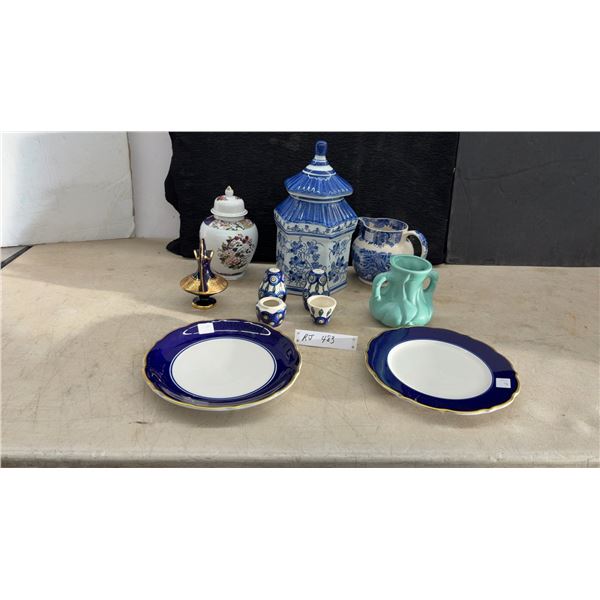 Blue and White Ceramic Collection: Pagoda Jar, Transferware Pitcher, Plates, Vases