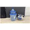 Image 2 : Blue and White Ceramic Collection: Pagoda Jar, Transferware Pitcher, Plates, Vases