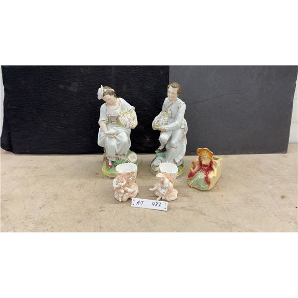 Pair of Dresden-Style Porcelain Figurines, Bisque Spill Vases, and Novelty Figurine, Late 19th Cent