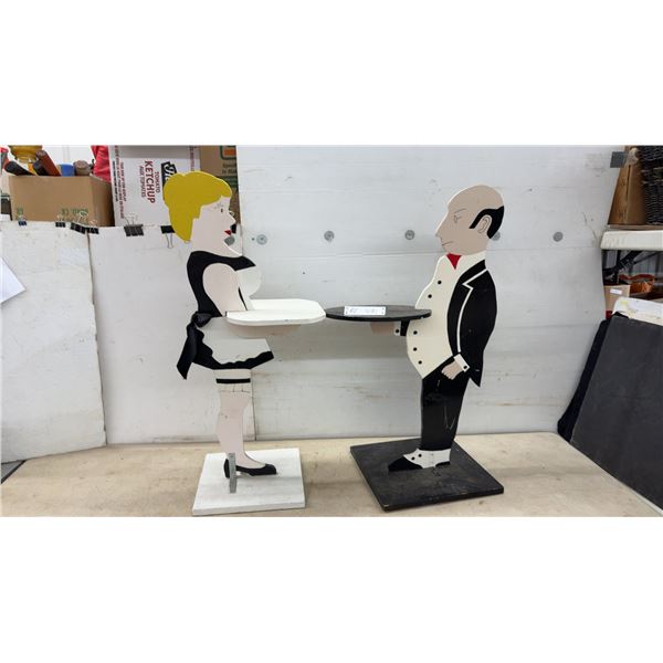 Pair of Hand-Painted Wooden Maid and Butler Figural Side Tables with Serving Trays, Tallest 36”