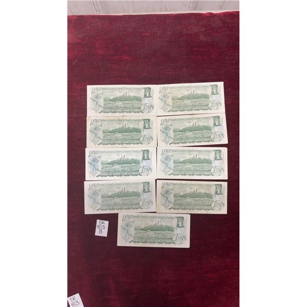 9 × 1973 Canada $1 Bills - Very Nice