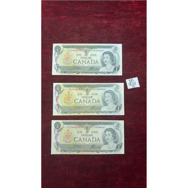 3 Uncirculated 1973 Canada $1 Bills