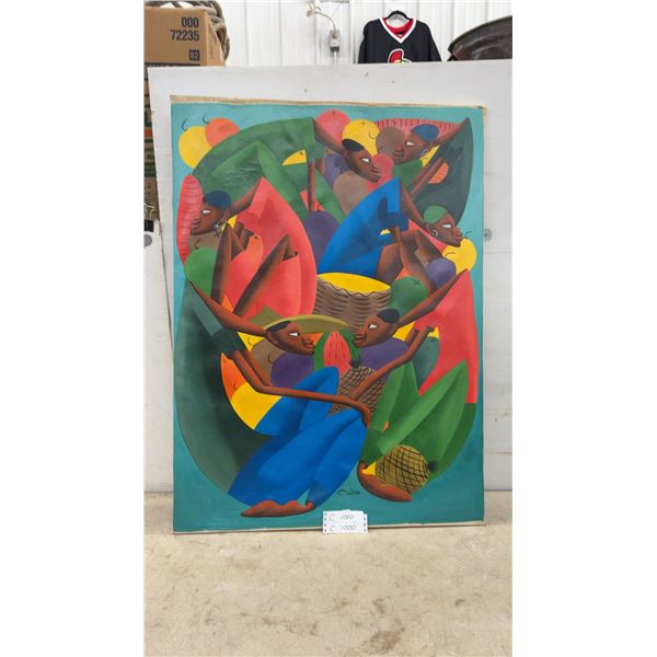 Haitian Folk Art Painting on Canvas by Casimire, Figures Harvesting, Signed, 41 × 30”