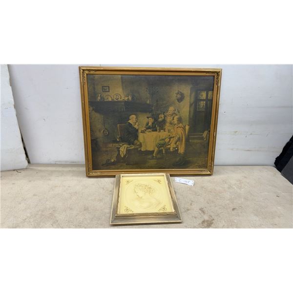 Framed Friedrich Heyser Tavern Scene Print, 24 × 30” and Framed Bas-Relief Cameo Portrait of a