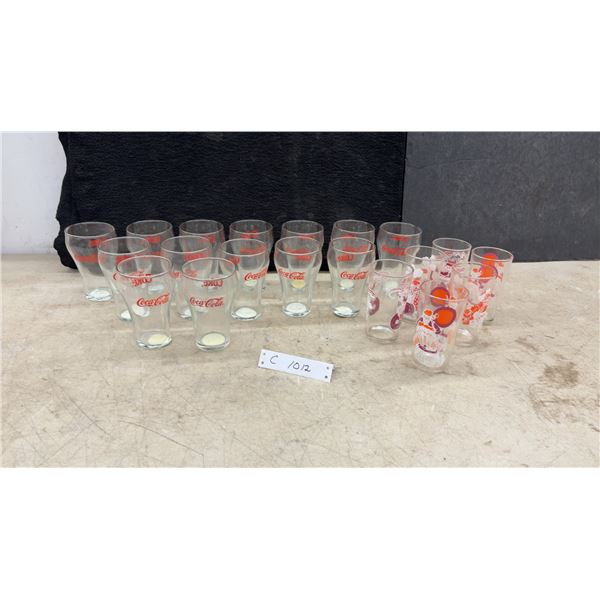 13 Vintage Coca-Cola Fountain Glasses with Red Logos and 6 Christmas Santa Themed Glasses