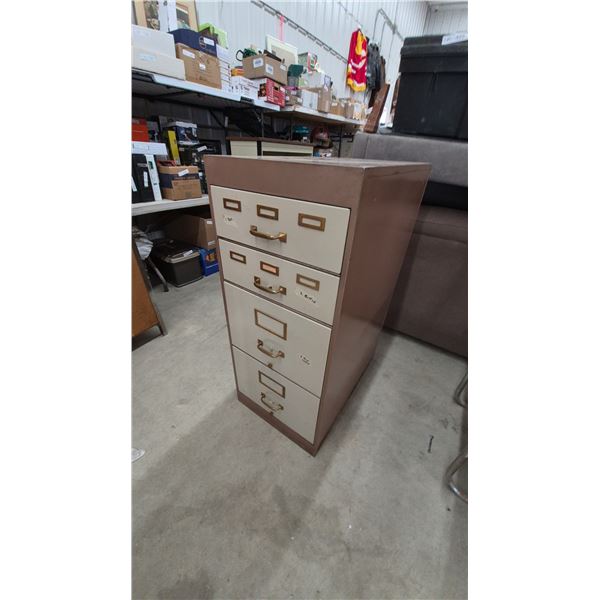 Vintage 4-Drawer Metal Filing Cabinet with Label Holders and Brass-Tone Pulls. 42”×18”×28”