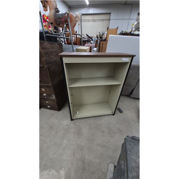 Two-Shelf Metal Bookcase with Wood Top and Two-Drawer Wooden Chest. 46”×36”×18”