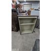 Image 1 : Two-Shelf Metal Bookcase with Wood Top and Two-Drawer Wooden Chest. 46”×36”×18”