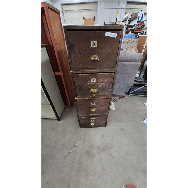 Stacked Wooden Filing Cabinet with Four Drawers, Brass Pulls, and Numbered Labels. 51”×24”×18”