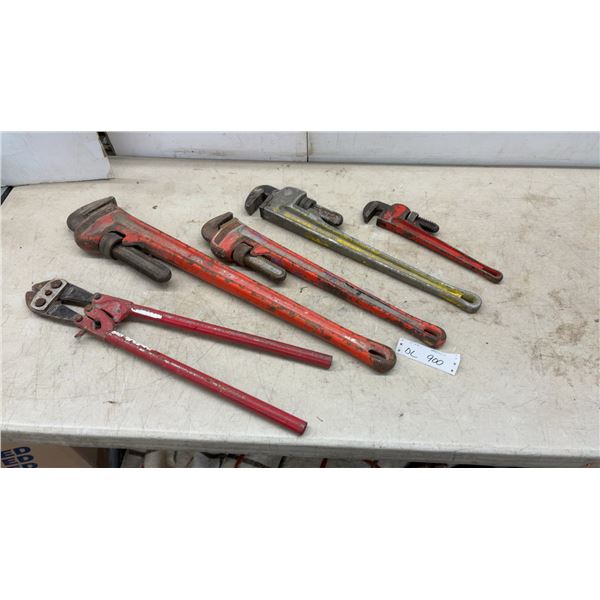 Four Pipe Wrenches (36” and 24”), Bolt Cutters, and More