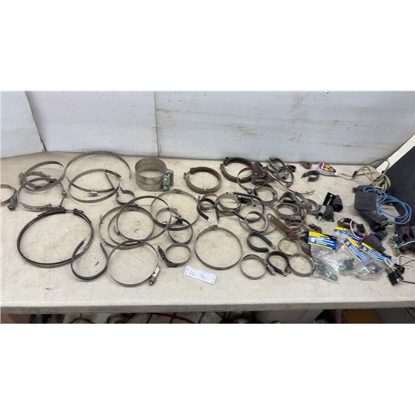 Assorted Metal Hose Clamps, C- Clamps, Power Torque Trailer Hook-Up Assemblies and Wiring