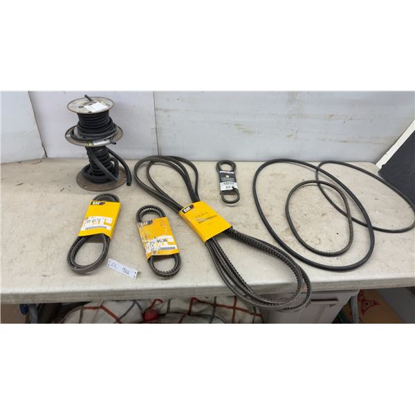 Assorted CAT and V-Belts, and Electrical Pulley Split Casing for Wire