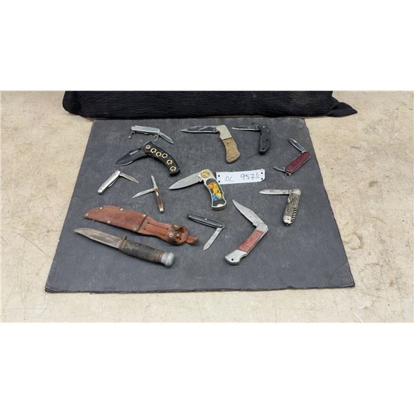 Assortment of Folding Pocket Knives, Tactical Folders and Fixed-Blade Hunting Knife With Sheath 12
