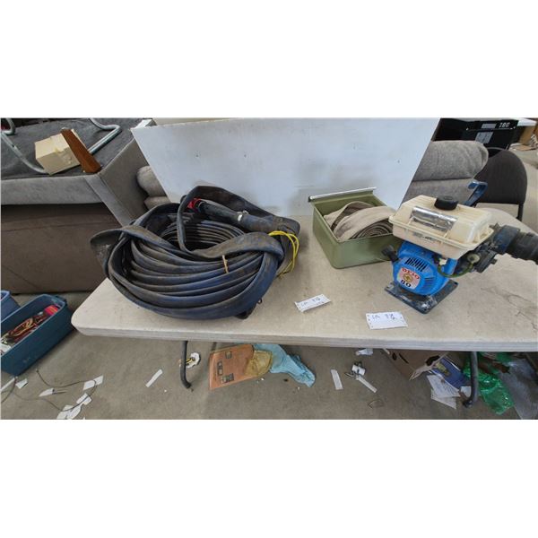 Prio 80 Water Pump, Rolled Blue Hose, and Green Bin with Rolled Canvas Hoses
