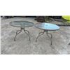 Image 1 : Two Round Glass-Top Patio Tables With Tan Metal Base and Umbrella Hole, 27 × 40”