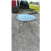 Image 4 : Two Round Glass-Top Patio Tables With Tan Metal Base and Umbrella Hole, 27 × 40”