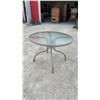 Image 5 : Two Round Glass-Top Patio Tables With Tan Metal Base and Umbrella Hole, 27 × 40”