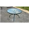 Image 1 : Round Outdoor Patio Table with Green Metal Frame Glass Top with Umbrella Hole, 27 × 42”